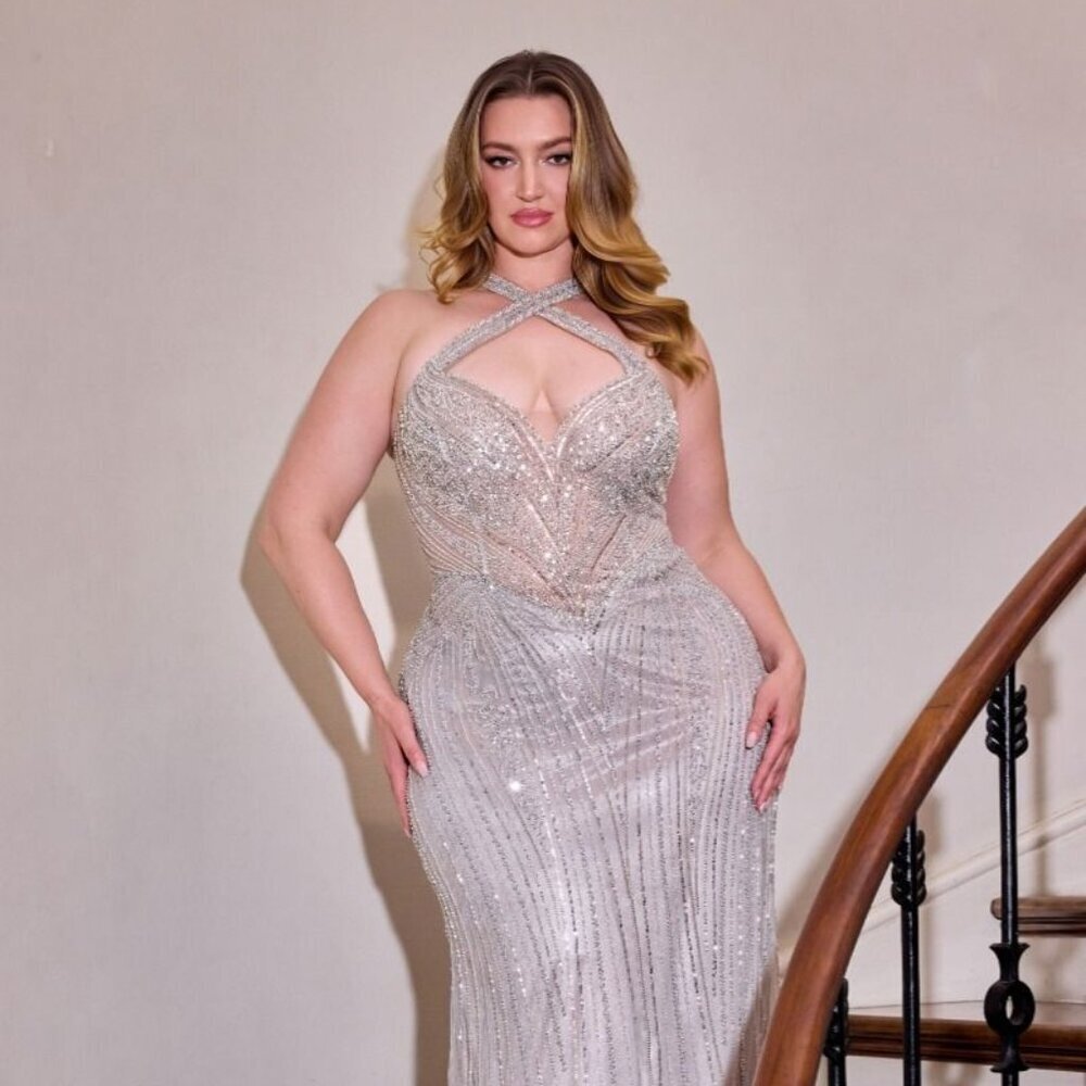 New Silver-Nude Rhinestones Embellished Plus Size Gown w/ Halter Neck CD CC416C